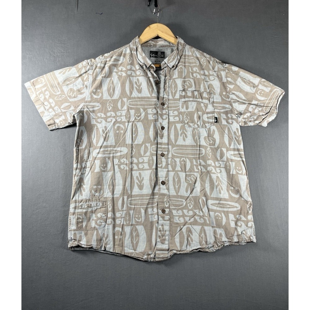 Vintage Sanuk Shirt Men's sz Large Brown Happy Leaves Short Sleeve Button Up